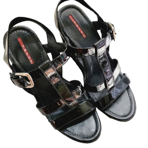 PRADA CHUNKY BLACK PLATFORM HEEL SANDAL SIZE 37 (6.5) - Picture 1 of 9